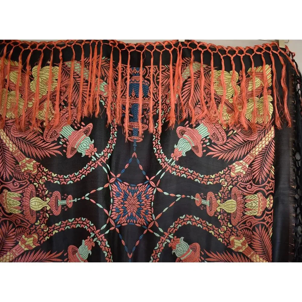 Vintage 40s Black Silk Taj Mahal Piano Shawl Scarf, Fringed Jacquard Brocade